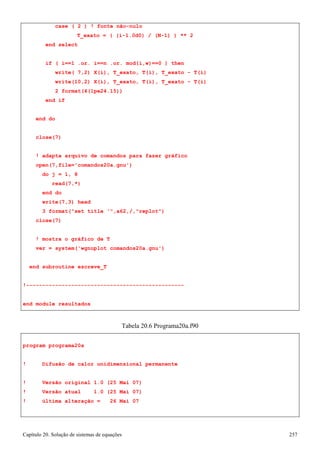 Capítulo 20. Solução de sistemas de equações 257 
case ( 2 ) ! fonte não-nulo 
T_exato = ( (i-1.0d0) / (N-1) ) ** 2 end select 
if ( i==1 .or. i==n .or. mod(i,w)==0 ) then 
write( 7,2) X(i), T_exato, T(i), T_exato - T(i) 
write(10,2) X(i), T_exato, T(i), T_exato - T(i) 
2 format(4(1pe24.15)) 
end if end do close(7) 
! adapta arquivo de comandos para fazer gráfico open(7,file='comandos20a.gnu') 
do j = 1, 8 read(7,*) 
end do write(7,3) head 
3 format(set title ',a62,/,replot) 
close(7) 
! mostra o gráfico de T 
ver = system('wgnuplot comandos20a.gnu') 
end subroutine escreve_T 
!------------------------------------------------- end module resultados 
Tabela 20.6 Programa20a.f90 
program programa20a 
! Difusão de calor unidimensional permanente 
! Versão original 1.0 (25 Mai 07) 
! Versão atual 1.0 (25 Mai 07) 
! última alteração = 26 Mai 07  