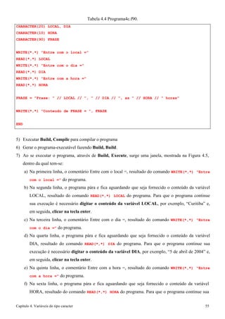 Capítulo 4. Variáveis do tipo caracter 55 
CHARACTER(20) LOCAL, DIA CHARACTER(10) HORA CHARACTER(90) FRASE 
Tabela 4.4 Programa4c.f90. 
WRITE(*,*) Entre com o local = READ(*,*) LOCAL 
WRITE(*,*) Entre com o dia = READ(*,*) DIA 
WRITE(*,*) Entre com a hora = READ(*,*) HORA 
FRASE = Frase:  // LOCAL // ,  // DIA // , as  // HORA //  horas WRITE(*,*) Conteudo de FRASE = , FRASE 
END 
5) Executar Build, Compile para compilar o programa 
6) Gerar o programa-executável fazendo Build, Build. 
7) Ao se executar o programa, através de Build, Execute, surge uma janela, mostrada na Figura 4.5, dentro da qual tem-se: 
a) Na primeira linha, o comentário Entre com o local =, resultado do comando WRITE(*,*) Entre com o local = do programa. 
b) Na segunda linha, o programa pára e fica aguardando que seja fornecido o conteúdo da variável LOCAL, resultado do comando READ(*,*) LOCAL do programa. Para que o programa continue sua execução é necessário digitar o conteúdo da variável LOCAL, por exemplo, “Curitiba” e, em seguida, clicar na tecla enter. 
c) Na terceira linha, o comentário Entre com o dia =, resultado do comando WRITE(*,*) Entre com o dia = do programa. 
d) Na quarta linha, o programa pára e fica aguardando que seja fornecido o conteúdo da variável DIA, resultado do comando READ(*,*) DIA do programa. Para que o programa continue sua execução é necessário digitar o conteúdo da variável DIA, por exemplo, “5 de abril de 2004” e, em seguida, clicar na tecla enter. 
e) Na quinta linha, o comentário Entre com a hora =, resultado do comando WRITE(*,*) Entre com a hora = do programa. 
f) Na sexta linha, o programa pára e fica aguardando que seja fornecido o conteúdo da variável 
HORA, resultado do comando READ(*,*) HORA do programa. Para que o programa continue sua  