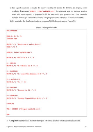 Capítulo 5. Arquivos e funções matemáticas intrínsecas 63 
c) Em seguida ocorrerá a criação do arquivo saida5d.txt, dentro do diretório do projeto, como resultado do comando OPEN(8, file=saida5d.txt) do programa, uma vez que este arquivo ainda não existe quando o programa5d.f90 for executado pela primeira vez. Este comando também declara que será usado o número 8 no programa como referência ao arquivo saida5d.txt. 
d) Os resultados das funções aplicadas no programa5d.f90 são mostrados na Figura 5.8. 
USE PORTLIB 
Tabela 5.4 Programa5d.f90. 
REAL A, B, C, Pi 
INTEGER VER 
WRITE(*,*) Entre com o valor de A = READ(*,*) A 
OPEN(8, file=saida5d.txt) 
WRITE(8,*) Valor de A = , A 
B = ABS(A) 
WRITE(8,*) B = Módulo de A =, B 
C = LOG10(B) 
WRITE(8,*) C: Logaritmo decimal de B 
=, 
C 
Pi = ACOS(-1.0) WRITE(8,*) Pi =, Pi 
D = COS(Pi) 
WRITE(8,*) Cosseno de Pi =, D 
D = COSH(Pi) 
WRITE(8,*) Cosseno hiperbólico de Pi 
=, 
D 
CLOSE(8) 
VER = SYSTEM (Notepad saida5d.txt) 
END 
8) Comparar cada resultado mostrado na Figura 5.8 com o resultado obtido de uma calculadora.  