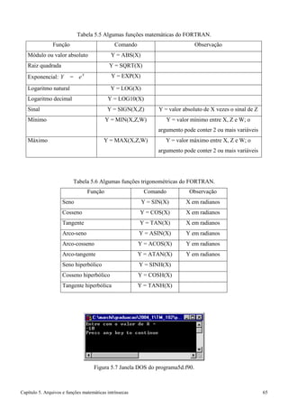 Capítulo 5. Arquivos e funções matemáticas intrínsecas 65 
Tabela 5.5 Algumas funções matemáticas do FORTRAN. 
Função 
Comando 
Observação 
Módulo ou valor absoluto 
Y = ABS(X) 
Raiz quadrada 
Y = SQRT(X) 
Exponencial: Y = eX 
Y = EXP(X) 
Logaritmo natural 
Y = LOG(X) 
Logaritmo decimal 
Y = LOG10(X) 
Sinal 
Y = SIGN(X,Z) 
Y = valor absoluto de X vezes o sinal de Z 
Mínimo 
Y = MIN(X,Z,W) 
Y = valor mínimo entre X, Z e W; o argumento pode conter 2 ou mais variáveis 
Máximo 
Y = MAX(X,Z,W) 
Y = valor máximo entre X, Z e W; o argumento pode conter 2 ou mais variáveis 
Tabela 5.6 Algumas funções trigonométricas do FORTRAN. 
Função 
Comando 
Observação 
Seno 
Y = SIN(X) 
X em radianos 
Cosseno 
Y = COS(X) 
X em radianos 
Tangente 
Y = TAN(X) 
X em radianos 
Arco-seno 
Y = ASIN(X) 
Y em radianos 
Arco-cosseno 
Y = ACOS(X) 
Y em radianos 
Arco-tangente 
Y = ATAN(X) 
Y em radianos 
Seno hiperbólico 
Y = SINH(X) 
Cosseno hiperbólico 
Y = COSH(X) 
Tangente hiperbólica 
Y = TANH(X) 
Figura 5.7 Janela DOS do programa5d.f90.  