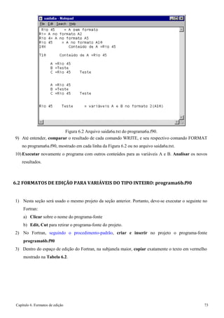 Capítulo 6. Formatos de edição 73 
Figura 6.2 Arquivo saida6a.txt do programa6a.f90. 
9) Até entender, comparar o resultado de cada comando WRITE, e seu respectivo comando FORMAT 
no programa6a.f90, mostrado em cada linha da Figura 6.2 ou no arquivo saida6a.txt. 
10) Executar novamente o programa com outros conteúdos para as variáveis A e B. Analisar os novos resultados. 
6.2 FORMATOS DE EDIÇÃO PARA VARIÁVEIS DO TIPO INTEIRO: programa6b.f90 
1) Nesta seção será usado o mesmo projeto da seção anterior. Portanto, deve-se executar o seguinte no 
Fortran: 
a) Clicar sobre o nome do programa-fonte 
b) Edit, Cut para retirar o programa-fonte do projeto. 
2) No Fortran, seguindo o procedimento-padrão, criar e inserir no projeto o programa-fonte 
programa6b.f90 
3) Dentro do espaço de edição do Fortran, na subjanela maior, copiar exatamente o texto em vermelho mostrado na Tabela 6.2.  