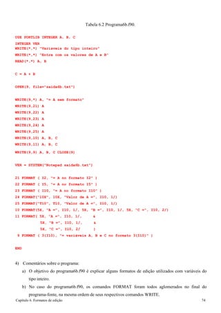 Capítulo 6. Formatos de edição 74 
Tabela 6.2 Programa6b.f90. 
USE PORTLIB INTEGER A, B, C 
INTEGER VER 
WRITE(*,*) Variaveis do tipo inteiro WRITE(*,*) Entre com os valores de A e B READ(*,*) A, B 
C = A + B 
OPEN(9, file=saida6b.txt) WRITE(9,*) A, = A sem formato 
WRITE(9,21) A WRITE(9,22) A WRITE(9,23) A WRITE(9,24) A WRITE(9,25) A WRITE(9,10) A, B, C WRITE(9,11) A, B, C 
WRITE(9,9) A, B, C CLOSE(9) 
VER = SYSTEM(Notepad saida6b.txt) 
21 FORMAT ( I2, = A no formato I2 ) 
22 FORMAT ( I5, = A no formato I5 ) 
23 FORMAT ( I10, = A no formato I10 ) 
24 FORMAT(10X, 10X, Valor de A =, I10, 1/) 
25 FORMAT(T10, T10, Valor de A =, I10, 1/) 
10 FORMAT(5X, A =, I10, 1/, 5X, B =, I10, 1/, 5X, C =, I10, 2/) 
11 FORMAT( 5X, A =, I10, 1/,  
5X, B =, I10, 1/,  
5X, C =, I10, 2/ ) 
9 FORMAT ( 3(I10), = variáveis A, B e C no formato 3(I10) ) 
END 
4) Comentários sobre o programa: 
a) O objetivo do programa6b.f90 é explicar alguns formatos de edição utilizados com variáveis do tipo inteiro. 
b) No caso do programa6b.f90, os comandos FORMAT foram todos aglomerados no final do programa-fonte, na mesma ordem de seus respectivos comandos WRITE.  
