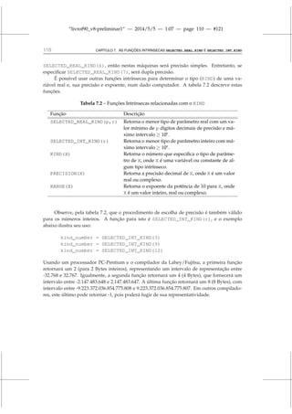 “livrof90_v8-preliminar1” — 2014/5/5 — 1:07 — page 110 — #121
110 CAPÍTULO 7. AS FUNÇÕES INTRÍNSECAS SELECTED_REAL_KIND E SELECTED_INT_KIND
SELECTED_REAL_KIND(6), então nestas máquinas será precisão simples. Entretanto, se
especificar SELECTED_REAL_KIND(7), será dupla precisão.
É possível usar outras funções intrínsecas para determinar o tipo (KIND) de uma va-
riável real e, sua precisão e expoente, num dado computador. A tabela 7.2 descreve estas
funções.
Tabela 7.2 – Funções Intrínsecas relacionadas com o KIND
Função Descrição
SELECTED_REAL_KIND(p,r) Retorna o menor tipo de parâmetro real com um va-
lor mínimo de p dígitos decimais de precisão e má-
ximo intervalo ≥ 10r
.
SELECTED_INT_KIND(r) Retorna o menor tipo de parâmetro inteiro com má-
ximo intervalo ≥ 10r
.
KIND(X) Retorna o número que especifica o tipo de parâme-
tro de X, onde X é uma variável ou constante de al-
gum tipo intrínseco.
PRECISION(X) Retorna a precisão decimal de X, onde X é um valor
real ou complexo.
RANGE(X) Retorna o expoente da potência de 10 para X, onde
X é um valor inteiro, real ou complexo.
Observe, pela tabela 7.2, que o procedimento de escolha de precisão é também válido
para os números inteiros. A função para isto é SELECTED_INT_KIND(r), e o exemplo
abaixo ilustra seu uso:
kind_number = SELECTED_INT_KIND(3)
kind_number = SELECTED_INT_KIND(9)
kind_number = SELECTED_INT_KIND(12)
Usando um processador PC-Pentium e o compilador da Lahey/Fujitsu, a primeira função
retornará um 2 (para 2 Bytes inteiros), representando um intervalo de representação entre
-32.768 e 32.767. Igualmente, a segunda função retornará um 4 (4 Bytes), que fornecerá um
intervalo entre -2.147.483.648 e 2.147.483.647. A última função retornará um 8 (8 Bytes), com
intervalo entre -9.223.372.036.854.775.808 e 9.223.372.036.854.775.807. Em outros compilado-
res, este último pode retornar -1, pois poderá fugir de sua representatividade.
 