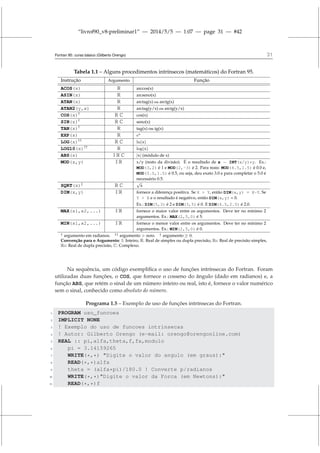 “livrof90_v8-preliminar1” — 2014/5/5 — 1:07 — page 31 — #42
Fortran 95: curso básico (Gilberto Orengo) 31
Tabela 1.1 – Alguns procedimentos intrínsecos (matemáticos) do Fortran 95.
Instrução Argumento Função
ACOS(x) R arccos(x)
ASIN(x) R arcseno(x)
ATAN(x) R arctag(x) ou arctg(x)
ATAN2(y,x) R arctag(y/x) ou arctg(y/x)
COS(x)†
R C cos(x)
SIN(x)†
R C seno(x)
TAN(x)†
R tag(x) ou tg(x)
EXP(x) R ex
LOG(x)††
R C ln(x)
LOG10(x)††
R log(x)
ABS(x) I R C |x| (módulo de x)
MOD(x,y) I R x/y (resto da divisão). É o resultado de x − INT(x/y)*y. Ex.:
MOD(3,2) é 1 e MOD(2,-3) é 2. Para reais: MOD(4.5,1.5) é 0.0 e,
MOD(5.0,1.5) é 0.5, ou seja, deu exato 3.0 e para completar o 5.0 é
necessário 0.5.
SQRT(x)‡
R C
√
x
DIM(x,y) I R fornece a diferença positiva. Se X  Y, então DIM(x,y) = X-Y. Se
Y  X e o resultado é negativo, então DIM(x,y) = 0.
Ex.: DIM(5,3) é 2 e DIM(3,5) é 0. E DIM(4.5,2.5) é 2.0.
MAX(x1,x2,...) I R fornece o maior valor entre os argumentos. Deve ter no mínimo 2
argumentos. Ex.: MAX(2,5,0) é 5.
MIN(x1,x2,...) I R fornece o menor valor entre os argumentos. Deve ter no mínimo 2
argumentos. Ex.: MIN(2,5,0) é 0.
† argumento em radianos. †† argumento  zero. ‡ argumento ≥ 0.
Convenção para o Argumento: I: Inteiro, R: Real de simples ou dupla precisão, RS: Real de precisão simples,
RD: Real de dupla precisão, C: Complexo.
Na sequência, um código exemplifica o uso de funções intrínsecas do Fortran. Foram
utilizadas duas funções, o COS, que fornece o cosseno do ângulo (dado em radianos) e, a
função ABS, que retém o sinal de um número inteiro ou real, isto é, fornece o valor numérico
sem o sinal, conhecido como absoluto do número.
Programa 1.5 – Exemplo de uso de funções intrínsecas do Fortran.
1 PROGRAM uso_funcoes
2 IMPLICIT NONE
3 ! Exemplo do uso de funcoes intrinsecas
4 ! Autor: Gilberto Orengo (e-mail: orengo@orengonline.com)
5 REAL :: pi,alfa,theta,f,fx,modulo
6 pi = 3.14159265
7 WRITE(*,*) Digite o valor do angulo (em graus):
8 READ(*,*)alfa
9 theta = (alfa*pi)/180.0 ! Converte p/radianos
10 WRITE(*,*)Digite o valor da Forca (em Newtons):
11 READ(*,*)f
 