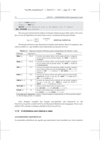 “livrof90_v8-preliminar1” — 2014/5/5 — 1:07 — page 32 — #43
32 CAPÍTULO 1. CONSIDERAÇÕES INICIAIS: Apresentando o Fortran
12 fx = f*COS(theta)
13 modulo = ABS(fx)
14 WRITE(*,*)A Forca no eixo x, em modulo, eh: , modulo
15 END PROGRAM uso_funcoes
Há casos que será necessário utilizar as funções intrínsecas para obter outras. Por exem-
plo, no caso de logaritmos em outras bases usa-se a mudança de base pela relação:
loga(x) =
log(x)
log(a)
no Fortran
=⇒ LOG10(x)/LOG10(a)
Há funções intrínsecas que determinam relações entre Inteiros, Reais e Complexos, des-
critas na tabela 1.2 , que também serão importantes no decorrer do livro.
Tabela 1.2 – Algumas funções intrínsecas para manipulação de inteiros e reais.
Instrução Argumento Função
REAL(x) I RD C Converte um número inteiro, real de dupla precisão e complexos
em um número real de precisão simples. Ex.: REAL(7) resulta em
7.00000000.
DBLE(x) I RS C Converte um número inteiro, real de precisão simples e complexo
em um número real de precisão dupla. Ex.: DBLE(7) resulta em
7.000000000000000.
INT(x) R C Converte um número real de precisão simples ou dupla e complexo
em um número inteiro por meio de truncamento. Ex.: INT(5.9) re-
sulta em 5, e INT(−3.5) resulta em −3. INT(CMPLX(−2.4,1.7))
resulta em −2.
NINT(x) R C Converte um número real em um número inteiro por meio de arre-
dondamento; em que x é um real. Ex.: NINT(5.9) resulta em 6, e
INT(−2.4) resulta em −2.
CMPLX(x,y) I R Converte um número real ou inteiro(s) em um número complexo;
em que x é um real. Ex.: CMPLX(5) resulta em (5.0,0.0), e
CMPLX(−2.4,3.7) resulta em (−2.4,3.7)
CEILING(x) R fornece o menor inteiro maior ou igual ao real x.
Ex.: CEILING(3.15) é 4 e CEILING(-3.15) é -3.
FLOOR(x) R fornece o maior inteiro menor ou igual ao real x.
Ex.: FLOOR(3.15) é 3 e FLOOR(-3.15) é -4.
Convenção para o Argumento: I: Inteiro, R: Real de simples ou dupla precisão, RS: Real de precisão simples,
RD: Real de dupla precisão, C: Complexo.
Uma listagem completa das funções pré-definidas está disponível no site
http://www.orengonline.com/fortran95/ ou no Manual de Referência da Linguagem. Para o com-
pilador G95, consulte o endereço eletrônico http://www.g95.org.
1.7.2 A Aritmética com inteiros e reais
AS EXPRESSÕES ARITMÉTICAS
As expressões aritméticas são aquelas que apresentam como resultado um valor numérico
 