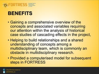 @FORTRESS_EU
http://fortress-project.eu
BENEFITS
• Gaining a comprehensive overview of the
concepts and associated variables requiring
our attention within the analysis of historical
case studies of cascading effects in the project,
• Helping to build relationships and a shared
understanding of concepts among a
multidisciplinary team, which is commonly an
obstacle in multidisciplinary research.
• Provided a computerised model for subsequent
steps in FORTRESS
 