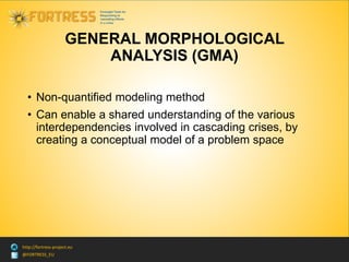 @FORTRESS_EU
http://fortress-project.eu
GENERAL MORPHOLOGICAL
ANALYSIS (GMA)
• Non-quantified modeling method
• Can enable a shared understanding of the various
interdependencies involved in cascading crises, by
creating a conceptual model of a problem space
 