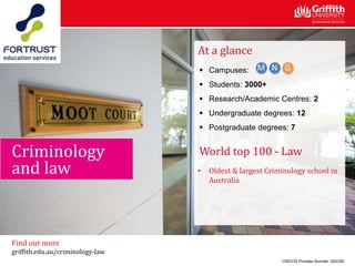 At a glance
 Campuses:
 Students: 3000+
 Research/Academic Centres: 2
 Undergraduate degrees: 12
 Postgraduate degrees: 7
World top 100 - Law
• Oldest & largest Criminology school in
Australia
Criminology
and law
CRICOS Provider Number: 00233E
Find out more
griffith.edu.au/criminology-law
 