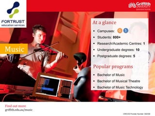 At a glance
 Campuses:
 Students: 800+
 Research/Academic Centres: 1
 Undergraduate degrees: 10
 Postgraduate degrees: 5
Popular programs
 Bachelor of Music
 Bachelor of Musical Theatre
 Bachelor of Music Technology
Music
CRICOS Provider Number: 00233E
Find out more
griffith.edu.au/music
 