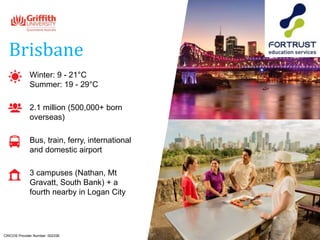 Winter: 9 - 21°C
Summer: 19 - 29°C
2.1 million (500,000+ born
overseas)
Bus, train, ferry, international
and domestic airport
3 campuses (Nathan, Mt
Gravatt, South Bank) + a
fourth nearby in Logan City
Brisbane
CRICOS Provider Number: 00233E
 