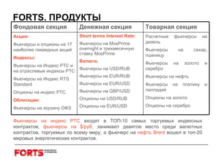 FORTS . ПРОДУКТЫ Фьючерсы на индекс РТС  входят в ТОП-10 самых торгуемых индексных контрактов,  фьючерсы на  $/ руб . занимают девятое место среди валютных контрактов, торгуемых по всему миру, а фьючерс на  нефть  Brent   вошел в топ-20 мировых энергетических контрактов. Фондовая секция Денежная секция Товарная секция Акции: Фьючерсы и опционы на 17 наиболее ликвидных акций Индексы: Фьючерсы на Индекс РТС и на отраслевые индексы РТС Фьючерсы на Индекс  RTS Standard Опционы на индекс РТС Облигации: Фьючерсы на корзину ОФЗ Short terms  Interest Rate : Фьючерсы на  MosPrime   overnight  и трехмесячную ставку  MosPrime   Валюта : Фьючерсы на  USD/RUB Фьючерсы на  EUR/RUB Фьючерсы на  EUR/USD Фьючерсы на  GBP/USD   Опционы на  USD/RUB Опционы на  EUR/USD Расчетные фьючерсы на дизель Фьючерсы на сахар, пшеницу  Фьючерсы на золото и серебро  Фьючерсы на нефть Фьючерсы на платину и палладий  Опционы на золото Опционы на серебро 