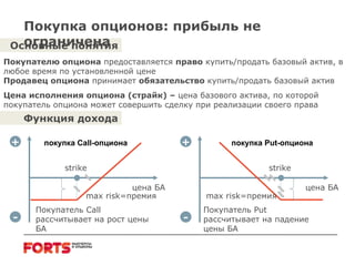Основные понятия Покупателю опциона  предоставляется  право  купить/продать базовый актив, в любое время по установленной цене Продавец опциона  принимает  обязательство  купить/продать базовый актив Цена исполнения опциона (страйк) –  цена базового актива, по которой покупатель опциона может совершить сделку при реализации своего права Функция дохода + - + - цена БА цена БА покупка  Call -опциона покупка  Put -опциона max risk =премия Покупатель  Call  рассчитывает на рост цены БА Покупатель  Put  рассчитывает на падение цены БА max risk =премия strike strike Покупка опционов: прибыль не ограничена 