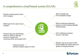 Remote monitoring and control
of EV chargers
Mobile app for the users of your
chargers
A comprehensive cloud based system (SAAS)
16
Payment and user identification
with sms, RFID or web app
proven in markets and
currencies within and outside of EU
Customer service
interface enables support of users
Modular, pay-as-you-grow model,
which enables low capex setup and
growth of charging business
Able to operate any
IP-connectable charger
Built on extensive experience
gained in world’s leading eMobility
market Norway
24/7 multilingual customer
service / call center
 