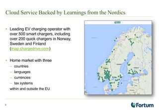 Cloud Service Backed by Learnings from the Nordics
• Leading EV charging operator with
over 500 smart chargers, including
over 200 quick chargers in Norway,
Sweden and Finland
(map.chargedrive.com)
• Home market with three
– countries
– languages
– currencies
– tax systems
within and outside the EU
5
 