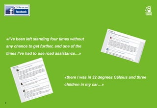 9
«there I was in 32 degrees Celsius and three
children in my car…»
«I’ve been left standing four times without
any chance to get further, and one of the
times I’ve had to use road assistance…»
 