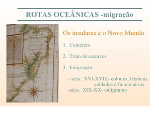ROTAS OCEÂNICAS -migração
Os insulares e o Novo Mundo
1. Comércio
2. Trato de escravos
3. Emigração
- sécs. XVI-XVIII- colonos, técnicos,
soldados e funcionários
-sécs. XIX-XX- emigrantes
 