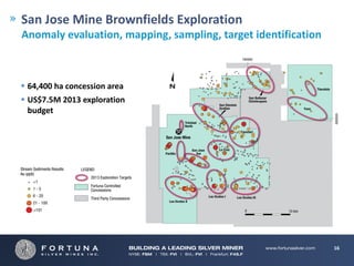 San Jose Mine Brownfields Exploration 
Anomaly evaluation, mapping, sampling, target identification



 64,400 ha concession area
 US$7.5M 2013 exploration 
  budget




                                                               16
 