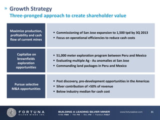 Growth Strategy
Three‐pronged approach to create shareholder value

Maximize production,       Commissioning of San Jose expansion to 1,500 tpd by 3Q 2013
profitability and cash 
flow of current mines      Focus on operational efficiencies to reduce cash costs 



     Capitalize on         51,000 meter exploration program between Peru and Mexico
     brownfields 
                           Evaluating multiple Ag ‐ Au anomalies at San Jose
     exploration 
    opportunities          Commanding land packages in Peru and Mexico



                           Post discovery, pre‐development opportunities in the Americas     
  Pursue selective
                           Silver contribution of >50% of revenue
 M&A opportunities 
                           Below industry median for cash cost 




                                                                                            21
 
