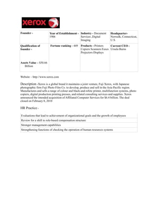 Founder -               Year of Establishment - Industry - Document         Headquarter-
                        1906                    Services ,Digital           Norwalk, Connecticut,
                                                Imaging                     U.S.
Qualification of         Fortune ranking - 449     Products - Printers    Current CEO -
founder -                                          Copiers Scanners Faxes Ursula Burns
                                                   Projectors Displays


Assets Value – $50.66
   Billion


Website – http://www.xerox.com

Description -Xerox is a global brand it maintains a joint venture, Fuji Xerox, with Japanese
photographic firm Fuji Photo Film Co. to develop, produce and sell in the Asia Pacific region.
Manufactures and sells a range of colour and black-and-white printer, multifunction systems, photo
copiers, digital production printing presses, and related consulting services and supplies. Xerox
announced the intended acquisition of Affiliated Computer Services for $6.4 billion. The deal
closed on February 8, 2010

HR Practice -

Evaluations that lead to achievement of organizational goals and the growth of employees
Review for a shift to role-based compensation structure
Stronger management capabilities
Strengthening functions of checking the operation of human resources systems
 