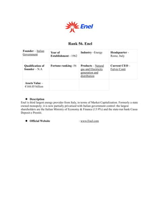 Rank 56. Enel
 Founder – Italian                                 Industry –Energy          Headquarter -
                          Year of
 Government               Establishment - 1962                               Rome, Italy


  Qualification of        Fortune ranking -56      Products – Natural        Current CEO –
  founder – N.A                                    gas and Electricity       Fulvio Conti
                                                   generation and
                                                   distribution

   Assets Value –
   €168.05 billion



        Description
Enel is third largest energy provider from Italy, in terms of Market Capitalization. Formerly a state
owned monopoly; it is now partially privatised with Italian government control: the largest
shareholders are the Italian Ministry of Economy & Finance (13.9%) and the state-run bank Cassa
Deposit e Prestiti.

       Official Website                           : www.Enel.com
 