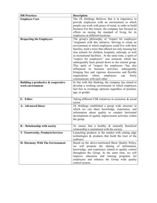 HR Practices                          Description
Employee Care                         The JX Holdings Believes that it is imperative to
                                      provide employees with an environment in which
                                      people can work with peace of mind, in order to build
                                      business For this reason, the company has focused its
                                      efforts on raising the standard of living for its
                                      employees at different locations.
Respecting the Employees              The group’s philosophy of “respect for employees
                                      “originates with this initiative. Striving to create an
                                      environment in which employees could live with their
                                      families, built a town that offered not only housing but
                                      also schools for children, hospitals, railroads, as well
                                      as recreational facilities. At the same time, a spirit of
                                      “respect for employees” was nurtured, which has
                                      subsequently been passed down to the current group.
                                      This spirit of “respect for employees “has also
                                      influenced its business activities, subsequently
                                      bringing free and vigorous discussions and flexible
                                      organization      where     employees      can    freely
                                      communicate with each other. . .
Building a productive & cooperative   In line with this thinking, the company has aimed to
work environment                      develop a working environment in which employees
                                      feel free to exchange opinions regardless of position,
                                      age, or gender.

E- Ethics                             Taking different CSR initiatives in economic & social
                                      sector.
A- Advanced Ideas:                    JX Holdings established a group wide structure in
                                      which we can share knowledge, experience, and
                                      information about quality to conduct horizontal
                                      development of quality improvement activities within
                                      the group.

R – Relationship with society         To ensure that a healthy & mutually beneficial
                                      relationship is maintained with the society.
T- Trustworthy, Products/Services     Launching products in the market with cutting edge
                                      technologies & products that build the trust of the
                                      audience.
H- Harmony With The Environment       Based on the above-mentioned Basic Quality Policy,
                                      we will promote the sharing of information,
                                      knowledge, and experience related to quality control
                                      throughout the Group. At the same time, we will
                                      improve education and training programs for
                                      employees and enhance the Group wide quality
                                      control system.
 