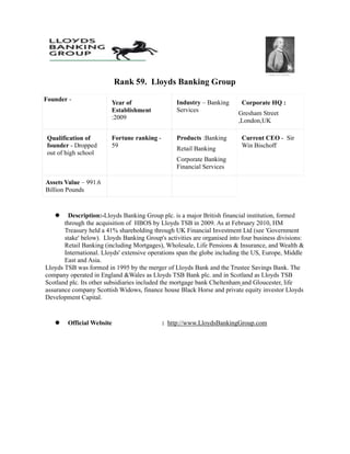 Rank 59. Lloyds Banking Group
Founder -                                         Industry – Banking
                         Year of                                           Corporate HQ :
                         Establishment            Services               Gresham Street
                         :2009
                                                                         ,London,UK

 Qualification of        Fortune ranking -        Products :Banking        Current CEO - Sir
 founder - Dropped       59                       Retail Banking           Win Bischoff
 out of high school
                                                  Corporate Banking
                                                  Financial Services

Assets Value – 991.6
Billion Pounds


        Description:-Lloyds Banking Group plc. is a major British financial institution, formed
       through the acquisition of HBOS by Lloyds TSB in 2009. As at February 2010, HM
       Treasury held a 41% shareholding through UK Financial Investment Ltd (see 'Government
       stake' below). Lloyds Banking Group's activities are organised into four business divisions:
       Retail Banking (including Mortgages), Wholesale, Life Pensions & Insurance, and Wealth &
       International. Lloyds' extensive operations span the globe including the US, Europe, Middle
       East and Asia.
Lloyds TSB was formed in 1995 by the merger of Lloyds Bank and the Trustee Savings Bank. The
company operated in England &Wales as Lloyds TSB Bank plc. and in Scotland as Lloyds TSB
Scotland plc. Its other subsidiaries included the mortgage bank Cheltenham and Gloucester, life
assurance company Scottish Widows, finance house Black Horse and private equity investor Lloyds
Development Capital.


        Official Website                     : http://www.LloydsBankingGroup.com
 