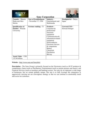 Sony Corporation
 Founder - Masaru     Year of Establishment     Industry -            Headquarter - Tokyo,
 Ibuka and Akio       - November 17, 1994       Entertainment and     Japan
 Morita                                         Multimedia

 Qualification of     Fortune ranking - 73      Products -            Current CEO -
 founder - Waseda                               Consumer &            Howard Stringer
 University                                     professional
                                                electronic
                                                equipment
                                                Communication &
                                                information-related
                                                equipment
                                                Semiconductor
                                                Electronic devices
                                                & components
                                                Battery
                                                Chemicals
                                                PlayStation
                                                Blu-ray
 Assets Value – US$
 155.94 billion

Website - http://www.sony.net/SonyInfo/

Description - The Sony Group is primarily focused on the Electronics (such as AV/IT products &
components), Game (such as PlayStation), Entertainment (such as motion pictures and music), and
Financial Services (such as insurance and banking) sectors. Not only do we represent a wide range
of businesses, but we remain globally unique. Our aim is to fully leverage this uniqueness in
aggressively carrying out our convergence strategy so that we can continue to emotionally touch
and excite our customers.
 