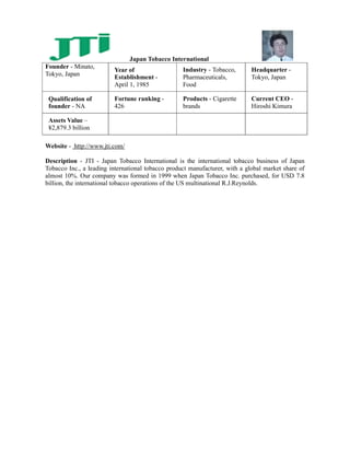Japan Tobacco International
Founder - Minato,                                  Industry - Tobacco,
                         Year of                                             Headquarter -
Tokyo, Japan             Establishment -           Pharmaceuticals,          Tokyo, Japan
                         April 1, 1985             Food

 Qualification of        Fortune ranking -         Products - Cigarette      Current CEO -
 founder - NA            426                       brands                    Hiroshi Kimura

 Assets Value –
 ¥2,879.3 billion

Website - http://www.jti.com/

Description - JTI - Japan Tobacco International is the international tobacco business of Japan
Tobacco Inc., a leading international tobacco product manufacturer, with a global market share of
almost 10%. Our company was formed in 1999 when Japan Tobacco Inc. purchased, for USD 7.8
billion, the international tobacco operations of the US multinational R.J.Reynolds.
 
