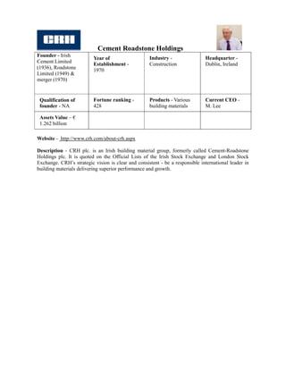 Cement Roadstone Holdings
Founder - Irish                                     Industry -                Headquarter -
                          Year of
Cement Limited            Establishment -           Construction              Dublin, Ireland
(1936), Roadstone         1970
Limited (1949) &
merger (1970)


 Qualification of         Fortune ranking -         Products - Various        Current CEO -
 founder - NA             428                       building materials        M. Lee

 Assets Value – €
 1.262 billion

Website - http://www.crh.com/about-crh.aspx

Description - CRH plc. is an Irish building material group, formerly called Cement-Roadstone
Holdings plc. It is quoted on the Official Lists of the Irish Stock Exchange and London Stock
Exchange. CRH’s strategic vision is clear and consistent - be a responsible international leader in
building materials delivering superior performance and growth.
 