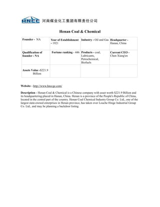 Henan Coal & Chemical
 Founder - NA            Year of Establishment Industry - Oil and Gas Headquarter -
                         - 1921                                       Hanan, China


 Qualification of         Fortune ranking - 446 Products - coal,           Current CEO -
 founder - NA                                   Lubricants,                Chen Xiang'en
                                                Petrochemical,
                                                Biofuels

 Assets Value -$221.9
         Billion



Website - http://www.hnccgc.com/

Description - Henan Coal & Chemical is a Chinese company with asset worth $221.9 Billion and
its headquartering placed in Hanan, China. Henan is a province of the People's Republic of China,
located in the central part of the country. Henan Coal Chemical Industry Group Co. Ltd., one of the
largest state-owned enterprises in Henan province, has taken over Louche Hinge Industrial Group
Co. Ltd., and may be planning a backdoor listing.
 