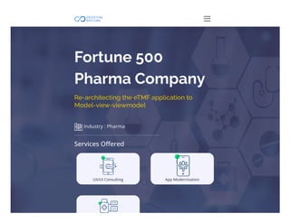 Fortune 500
Pharma Company
Re-architecting the eTMF application to
Model-view-viewmodel
Industry : Pharma
Services Offered
UX/UI Consulting App Modernization
 