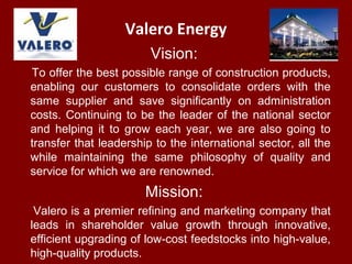 Valero Energy
Vision:
To offer the best possible range of construction products,
enabling our customers to consolidate orders with the
same supplier and save significantly on administration
costs. Continuing to be the leader of the national sector
and helping it to grow each year, we are also going to
transfer that leadership to the international sector, all the
while maintaining the same philosophy of quality and
service for which we are renowned.
Mission:
Valero is a premier refining and marketing company that
leads in shareholder value growth through innovative,
efficient upgrading of low-cost feedstocks into high-value,
high-quality products.
 