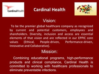 Cardinal Health
Vision:
To be the premier global healthcare company as recognized
by current and potential customers, employees and
shareholders. Diversity, inclusion and access are essential
elements of that vision and are reflected in our EPPIC core
values (Ethical, People-driven, Performance-driven,
Innovative and Collaborative).
Mission:
Combining educational programs, high-performance
products and clinical compliance, Cardinal Health is
committed to working with healthcare professionals to
eliminate preventable infections.
 
