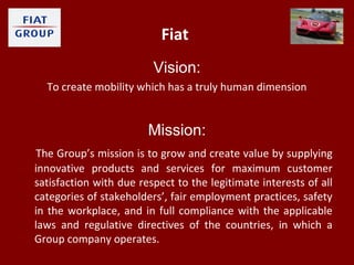 Fiat
Vision:
To create mobility which has a truly human dimension
Mission:
The Group’s mission is to grow and create value by supplying
innovative products and services for maximum customer
satisfaction with due respect to the legitimate interests of all
categories of stakeholders’, fair employment practices, safety
in the workplace, and in full compliance with the applicable
laws and regulative directives of the countries, in which a
Group company operates.
 