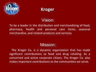 Kroger
Vision:
To be a leader in the distribution and merchandising of food,
pharmacy, health and personal care items, seasonal
merchandise, and related products and services.
Mission:
The Kroger Co. is a dynamic organization that has made
significant contributions to food and drug retailing. As a
concerned and active corporate citizen, The Kroger Co. also
makes important contributions to the communities we serve.
 