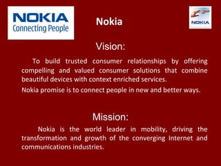 Nokia
Vision:
To build trusted consumer relationships by offering
compelling and valued consumer solutions that combine
beautiful devices with context enriched services.
Nokia promise is to connect people in new and better ways.
Mission:
Nokia is the world leader in mobility, driving the
transformation and growth of the converging Internet and
communications industries.
 