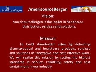 AmerisourceBergen
Vision:
AmerisourceBergen is the leader in healthcare
distribution, services and solutions.
Mission:
To build shareholder value by delivering
pharmaceutical and healthcare products, services
and solutions in innovative and cost effective ways.
We will realize this mission by setting the highest
standards in service, reliability, safety and cost
containment in our industry.
 