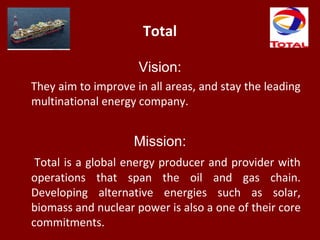 Total
Vision:
They aim to improve in all areas, and stay the leading
multinational energy company.
Mission:
Total is a glo...