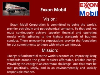 Exxon Mobil
Vision:
Exxon Mobil Corporation is committed to being the world's
premier petroleum and petrochemical company....
