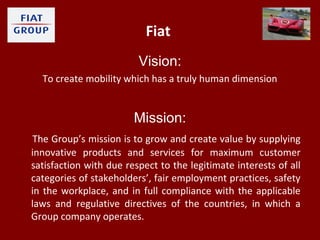 Fiat
Vision:
To create mobility which has a truly human dimension
Mission:
The Group’s mission is to grow and create value...