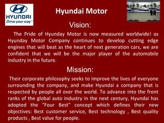 Hyundai Motor
Vision:
The Pride of Hyunday Motor is now measured worldwide! as
Hyunday Motor Company continues to develop ...
