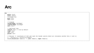 Arc
Arc
point: Site?
event: Event?
// Linked list
prev: Arc?
next: Arc?
// Diagram
leftHalfEdge: HalfEdge?
rightHalfEdge: HalfEdge?
cell: Cell!
// Red-black tree
isBlack: Bool // true by default
right: Arc?
left: Arc?
parent: Arc?
// Returns `x` coordinate of left and right Arc bounds (points where arc intersects another Arcs (l and r))
// - infinity to + infinity by default
bounds(directrixY: Numeric) -> (left: Numeric, right: Numeric)
 