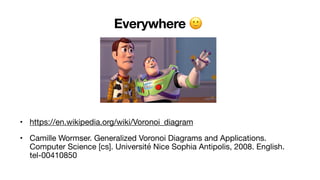 Everywhere 🙂
• https://en.wikipedia.org/wiki/Voronoi_diagram

• Camille Wormser. Generalized Voronoi Diagrams and Applications.
Computer Science [cs]. Université Nice Sophia Antipolis, 2008. English.
tel-00410850
 