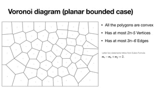 Voronoi diagram (planar bounded case)
• All the polygons are convex

• Has at most 2n-5 Vertices 

• Has at most 3n−6 Edges
Latter two statements follow from Eulers Formula
 