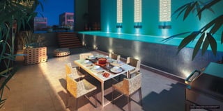 30 
Terrace in Modern Islamic style overlooking North 
Gardens, highlighting dining area and lap pool 
 