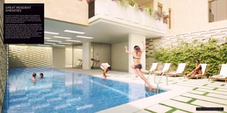 06 
The pool at the residents’ clubhouse, which 
also offers a sauna, spa and exercise room 
GREAT RESIDENT 
AMENITIES 
Living at Forty West means being surrounded by 
luxurious amenities. The residents’ clubhouse is a 
superb place for relaxation, with a swimming pool, 
sauna, spa and exercise room. It also has a function 
room for special occasions. 
In and around your apartment, you will benefit from 
amenities designed for relaxation and convenience. 
Central water heating, for example, means there will 
always be hot water when you turn on the taps, with 
no need for an unsightly water heater in your 
apartment. Drop your garbage into the conveniently 
located chutes, for disposal centrally. And silent 
central air conditioning will keep your rooms at the 
perfect temperature, day and night. 
 