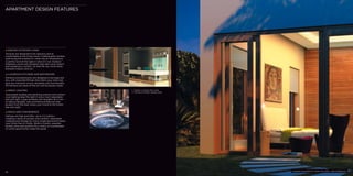 08 
1 
2 
INDOOR-OUTDOOR LIVING 
Terraces are designed to be spacious and as 
comfortable as the living rooms. Folding glass window 
walls bring the outdoors in when the air temperature 
is perfect and let the light in when it’s not. Outdoor 
fireplaces, pools and whirlpool tubs add visual impact 
and sumptuous comfort. So that life can move freely 
between indoors and out. 
LUXURIOUS KITCHENS AND BATHROOMS 
Kitchens and bathrooms are designed to be large and 
airy, with imported fittings that match your style and 
give you maximum luxury, durability and functionality. 
All kitchens are state-of-the-art and European-made. 
GREAT LIGHTING 
Automated shading and dimming systems and indirect 
cove lighting keep the light in every room adjustable 
and just right. Large windows and skylights let in lots 
of natural daylight, with architectural features that 
protect from the heat. Enjoy your home to the fullest, 
day and night. 
SPACE AND CONVENIENCE 
Ceilings are high and lofty—up to 3.2 metres— 
creating a sense of airiness and comfort. Dedicated 
underground storage for every single apartment keeps 
your home free of clutter. Walk-in closets, separate 
laundry area and quarters for a nanny or housekeeper 
(in some apartments) make life easier. 
1. Kitchen in Urban Chic style 
2. Terrace in Modern Islamic style 
APARTMEnT design FEATURES 
A garden assortment in Urban Chic style—view of bedroom 
 