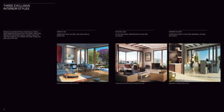 three exclusive 
interior styles 
Eklego have designed three contemporary interior 
styles designed exclusively for Forty West. Urban Chic, 
Natural Zen and Modern Islamic. Simply choose the 
style that matches your lifestyle and taste. Eklego will 
take care of the rest. 
10 
URBAN CHIC 
Addicted to cities, art films, new music and my 
Italian sofa. 
NATURAL ZEN 
At one with nature, balanced and in touch with 
my senses. 
MODERN ISLAMIC 
Traditional at heart, in love with calligraphy, carvings 
and culture. 
Garden apartment in Urban Chic style Living room and terrace areas in Natural Zen style Apartment in Modern Islamic style 
 