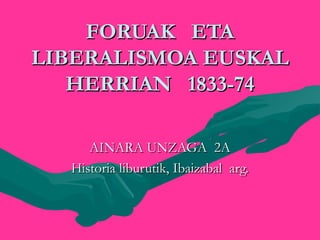 FORUAK ETAFORUAK ETA
LIBERALISMOA EUSKALLIBERALISMOA EUSKAL
HERRIAN 1833-74HERRIAN 1833-74
  
AINARA UNZAGA 2AAINARA UNZAGA 2A
Historia liburutik, Ibaizabal arg.Historia liburutik, Ibaizabal arg.
 