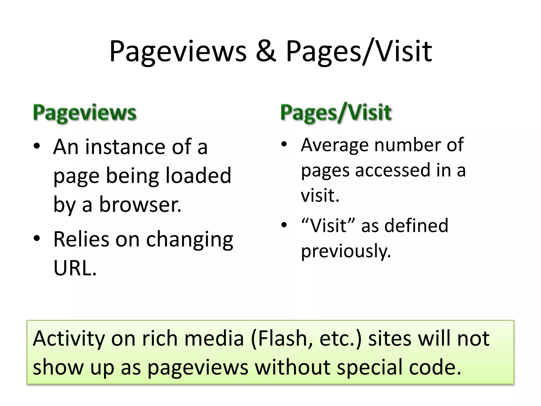 Pageviews & Pages/VisitPageviewsAn instance of a page being loaded by a browser.Relies on changing URL.Pages/VisitAverage number of pages accessed in a visit.“Visit” as defined previously.Activity on rich media (Flash, etc.) sites will not show up as pageviews without special code.